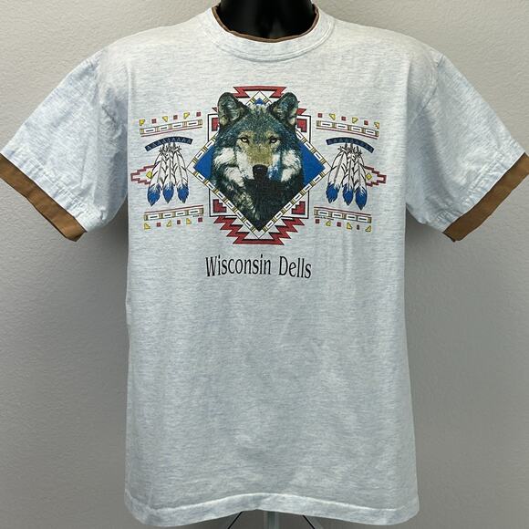 Vintage Wisconsin Dells Wolf T Shirt Mens L Large Blue Native American Indian - Picture 2 of 8